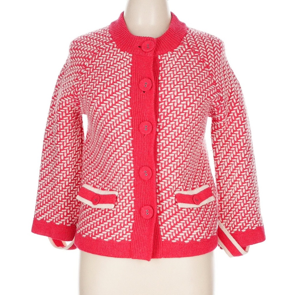 Boden Coral and White Knit Button Cardigan